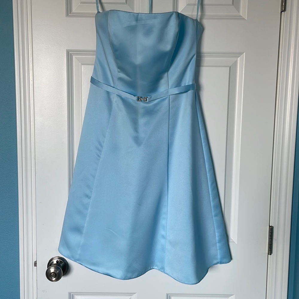 Light blue tea length bridesmaid dress